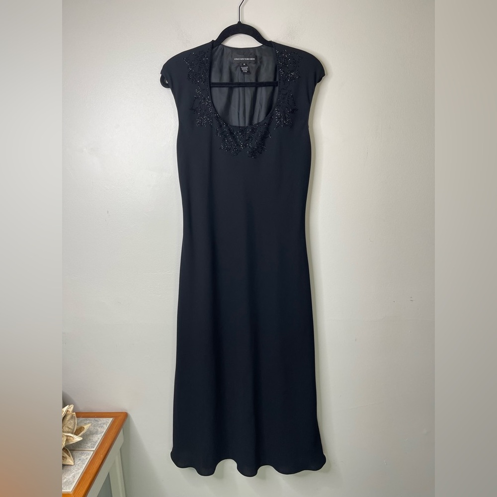 Jones New York 14 XL Dress Maxi Black Beaded Square Neck Evening Holiday Party